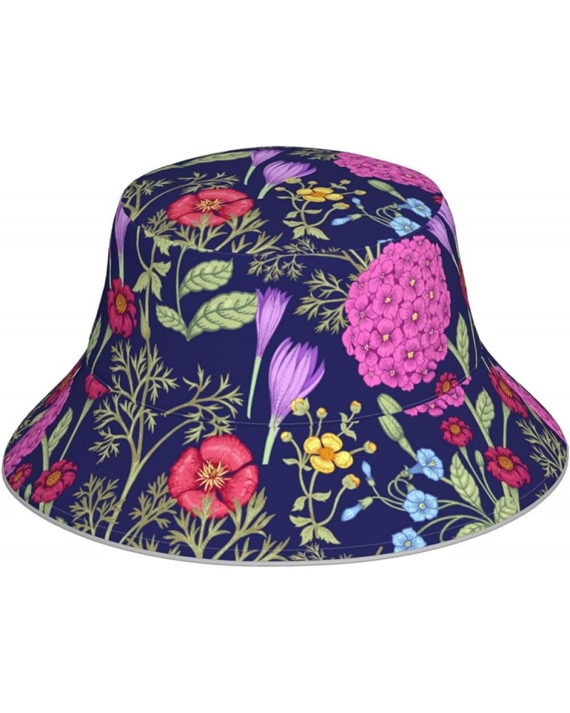 White and Blue Flowers Women's Bucket Hats Unisex Double-Side-Wear Reversible Bucket Hat with Reflective Strips Vintage Hydra...