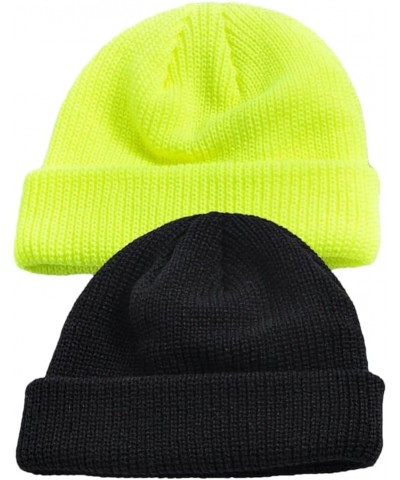 Men Winter Autumn 2PC Warm Brimless Knitted Hat Beanies Women Hip Hop Skullcap Street Unisex Solid Melon Cap Black Fuorescent...