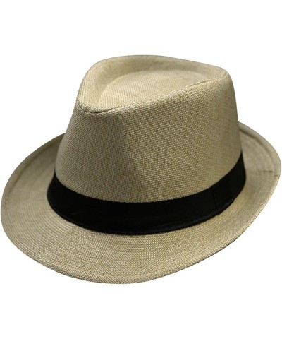 Summer Short Brim Trilby Hats for Men Breathable Straw Sun Hat with Belt Buckle Solid Retro Hat Classic Version Caps P3-khaki...