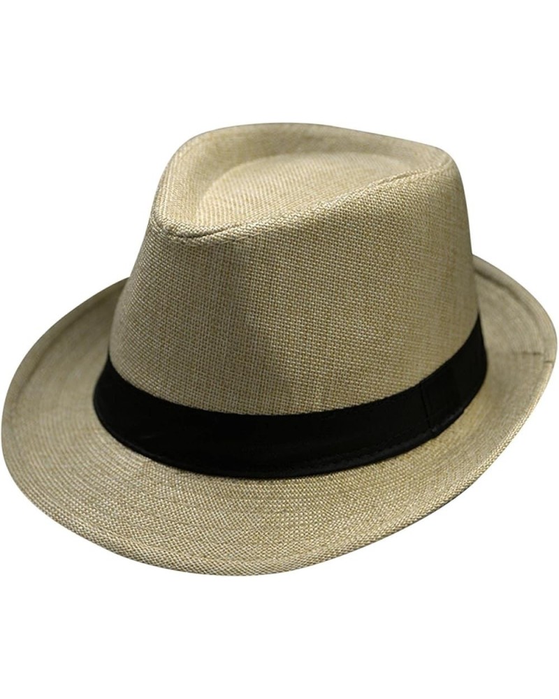 Summer Short Brim Trilby Hats for Men Breathable Straw Sun Hat with Belt Buckle Solid Retro Hat Classic Version Caps P3-khaki...