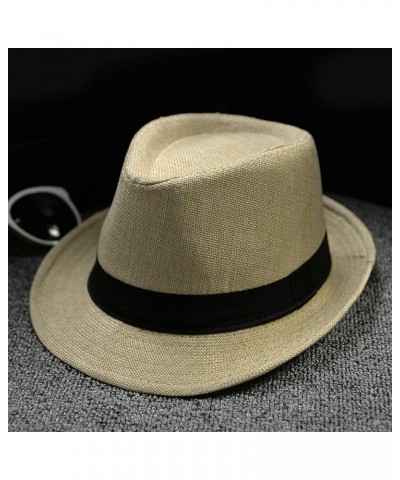 Summer Short Brim Trilby Hats for Men Breathable Straw Sun Hat with Belt Buckle Solid Retro Hat Classic Version Caps P3-khaki...