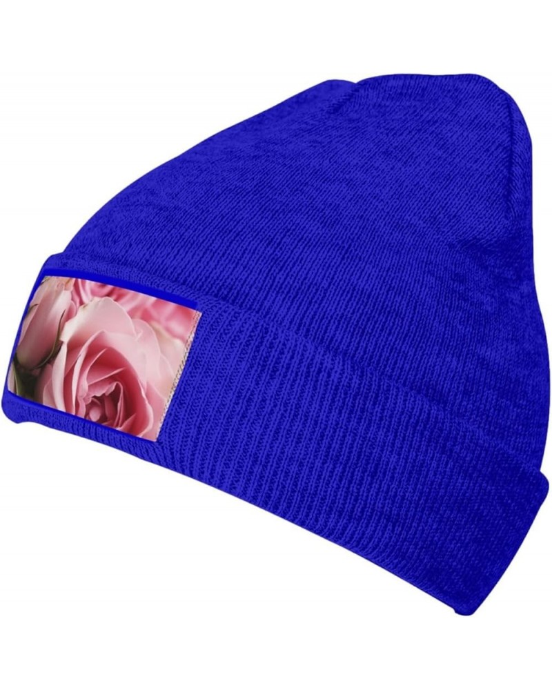 Beanie for Women Pink Roses Print Knitted Hat Men Winter Beanies Soft Knit Hats Warm Beanie Cap Blue $11.71 Skullies & Beanies