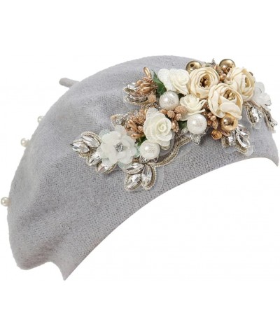 LIXIAO Beret Hat for Women French Style Beanie Winter Fashion Warm Knit Cap with Rhinestone Pearl Flower Adornment Grey $11.7...