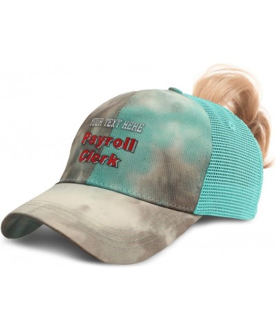 Custom Womens Ponytail Cap Payroll Clerk Administrator Cotton Paychecks Distressed Trucker Hat Tie Dye Aqua Personalized Text...