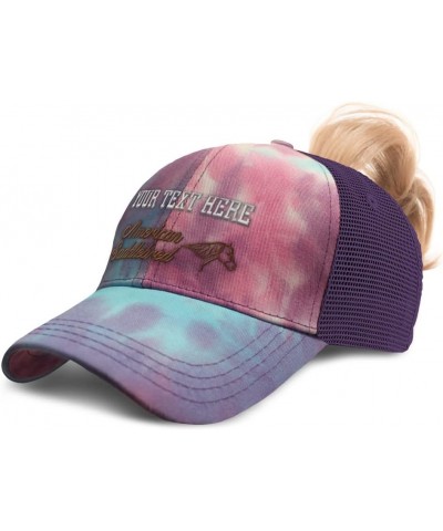 Custom Womens Ponytail Cap American Saddlebred Horses Breed Cotton Pony Distressed Trucker Hat Tie Dye Purple Personalized Te...