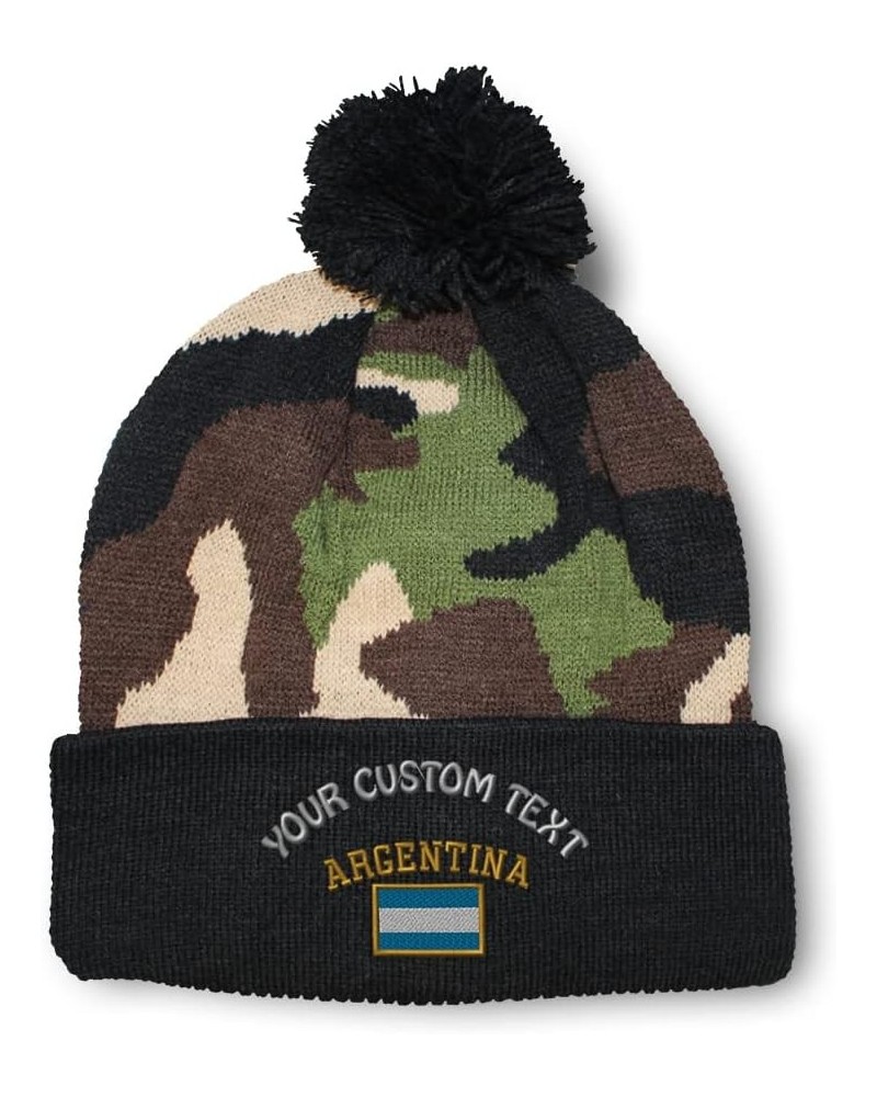 Custom Pom Pom Beanies for Women Argentina Flag Embroidery Skull Cap Winter Hats for Men Acrylic 1 Size Camo Personalized Tex...