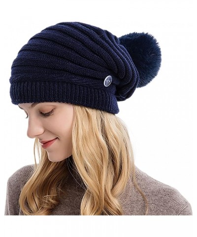 Women Winter Pom Beanie Hat with Warm Fleece Lined, Thick Slouchy Snow Knit Skull Ski Cap F41_navy $6.36 Skullies & Beanies