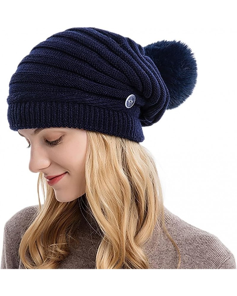 Women Winter Pom Beanie Hat with Warm Fleece Lined, Thick Slouchy Snow Knit Skull Ski Cap F41_navy $6.36 Skullies & Beanies