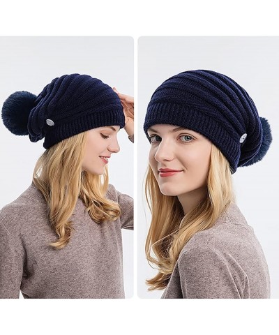 Women Winter Pom Beanie Hat with Warm Fleece Lined, Thick Slouchy Snow Knit Skull Ski Cap F41_navy $6.36 Skullies & Beanies