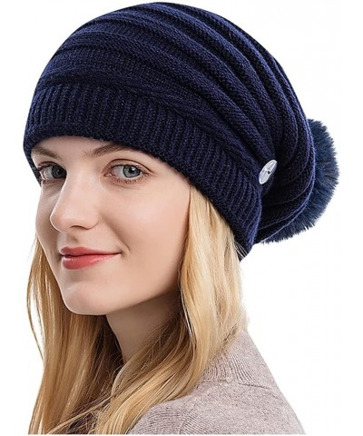 Women Winter Pom Beanie Hat with Warm Fleece Lined, Thick Slouchy Snow Knit Skull Ski Cap F41_navy $6.36 Skullies & Beanies