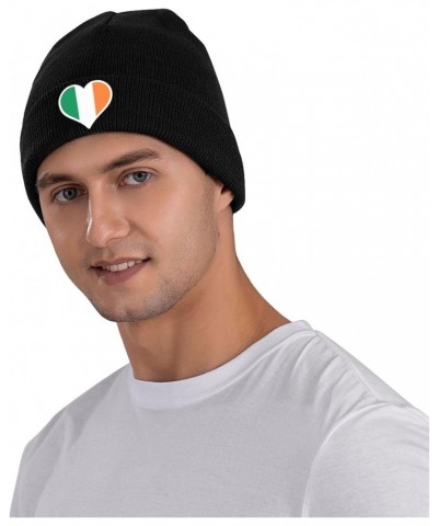 Irish Flag Heart Knitted Hat Hat Men Womens Cozy Warm Beanie Hats Black $10.59 Skullies & Beanies