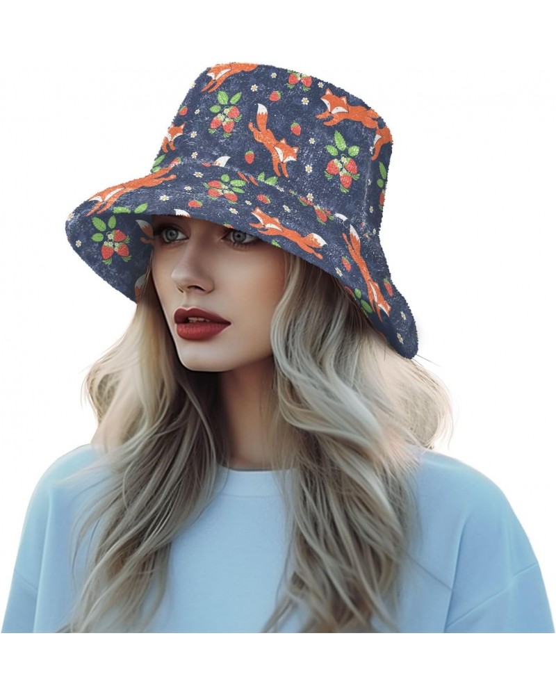 Foxes Strawberries Fuzzy Bucket Hat for Women Hats Bucket Bowler Hat for Trips $10.80 Bucket Hats