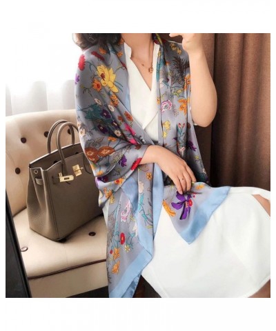 Silk Scarf Women Spring and Summer The Wild Smog Blue Flowers Silkworm Silk Scarves Long Satin Scarf Shawl Blue $33.81 Scarves