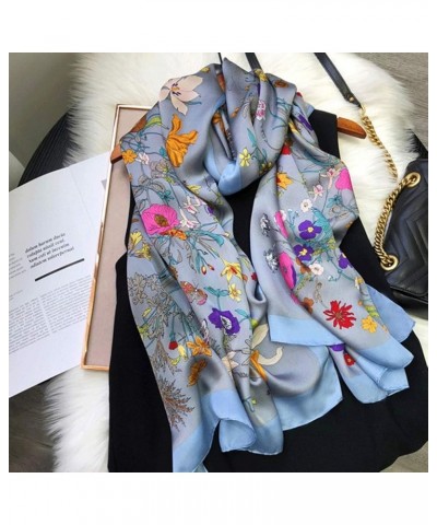 Silk Scarf Women Spring and Summer The Wild Smog Blue Flowers Silkworm Silk Scarves Long Satin Scarf Shawl Blue $33.81 Scarves