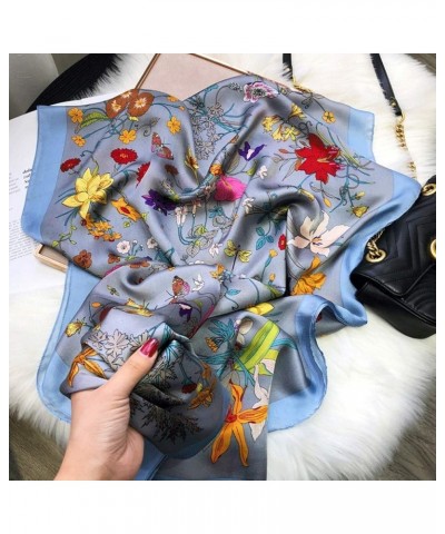 Silk Scarf Women Spring and Summer The Wild Smog Blue Flowers Silkworm Silk Scarves Long Satin Scarf Shawl Blue $33.81 Scarves