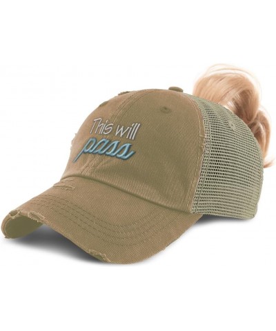 Womens Ponytail Cap This Will Pass Style B Cotton Distressed Trucker Hats Khaki $16.79 Baseball Caps