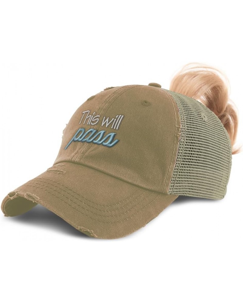 Womens Ponytail Cap This Will Pass Style B Cotton Distressed Trucker Hats Khaki $16.79 Baseball Caps