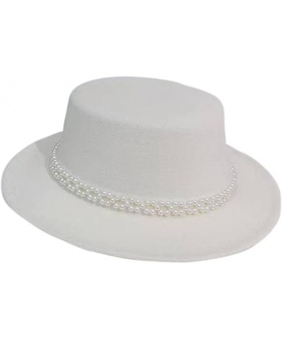 Women Felt Fedoras Hat Pure Color Pearl Chain Jazz Panama Hats Wide Brim Casual Bowler Caps Fashion Flat Top Cap White $13.44...