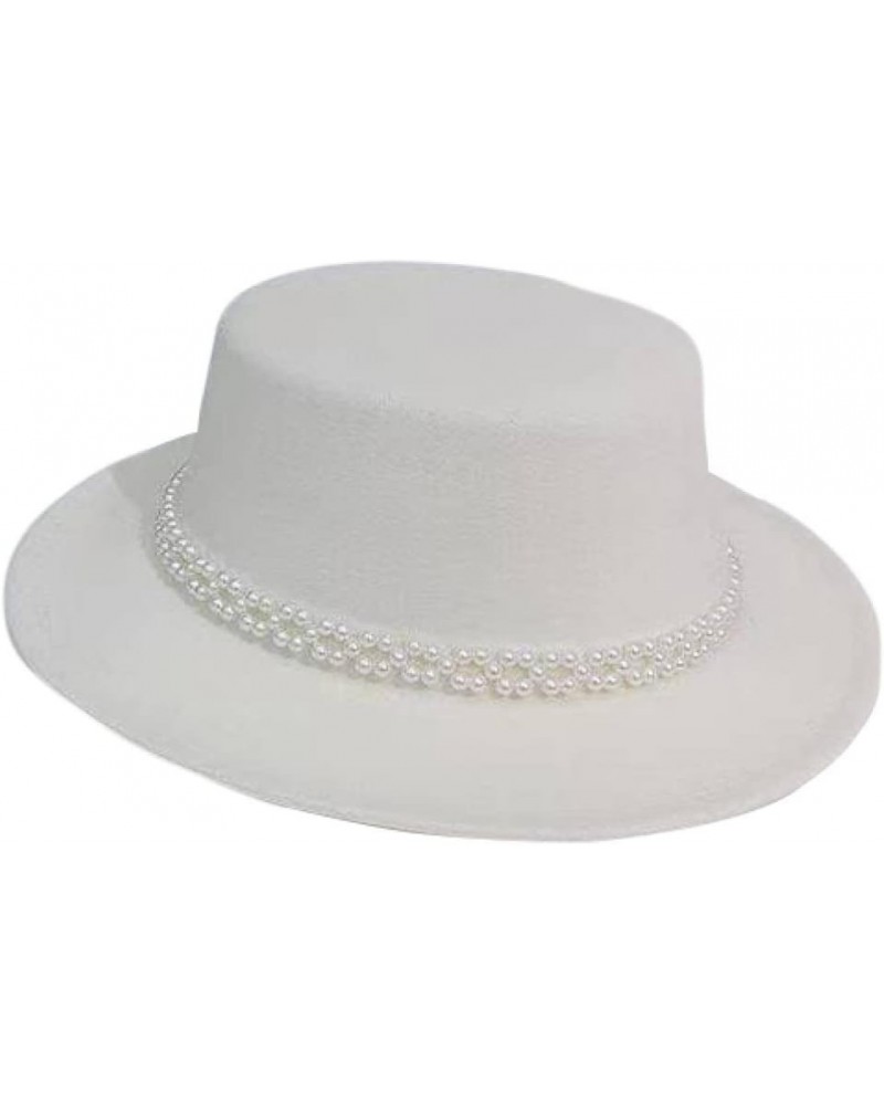 Women Felt Fedoras Hat Pure Color Pearl Chain Jazz Panama Hats Wide Brim Casual Bowler Caps Fashion Flat Top Cap White $13.44...