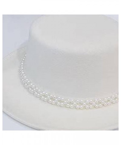 Women Felt Fedoras Hat Pure Color Pearl Chain Jazz Panama Hats Wide Brim Casual Bowler Caps Fashion Flat Top Cap White $13.44...