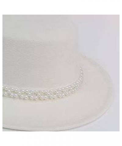 Women Felt Fedoras Hat Pure Color Pearl Chain Jazz Panama Hats Wide Brim Casual Bowler Caps Fashion Flat Top Cap White $13.44...