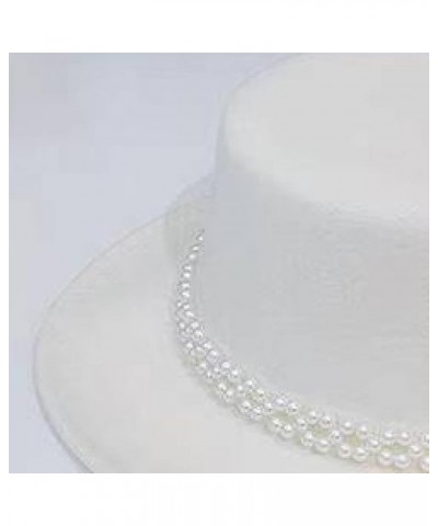 Women Felt Fedoras Hat Pure Color Pearl Chain Jazz Panama Hats Wide Brim Casual Bowler Caps Fashion Flat Top Cap White $13.44...