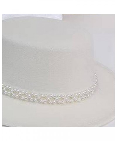 Women Felt Fedoras Hat Pure Color Pearl Chain Jazz Panama Hats Wide Brim Casual Bowler Caps Fashion Flat Top Cap White $13.44...