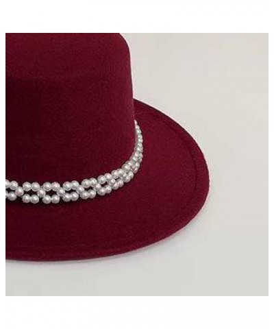 Women Felt Fedoras Hat Pure Color Pearl Chain Jazz Panama Hats Wide Brim Casual Bowler Caps Fashion Flat Top Cap White $13.44...