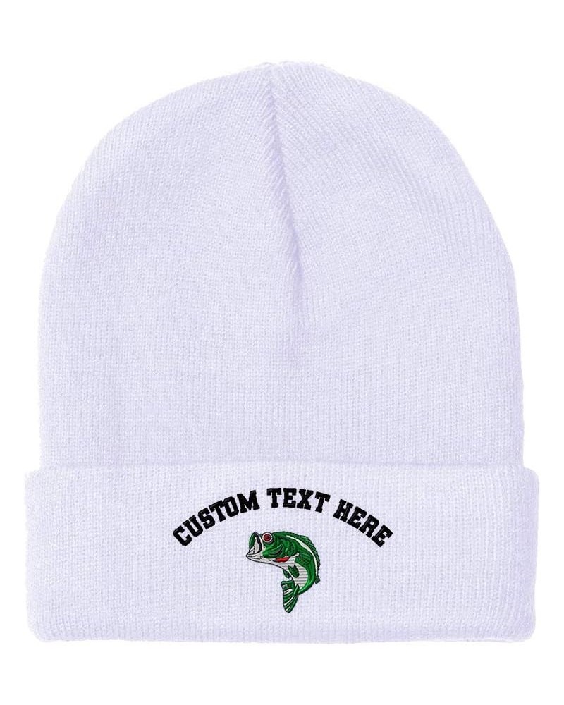 Custom Beanies for Men Fish Sea Bass Embroidery Bass Winter Hats for Women Acrylic Skull Cap 1 Size White Personalized Text H...