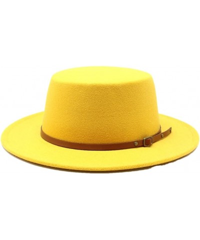 Solid Woolen Flat Top Fedoras Hats for Women Belt Buckle Decorated Felt Jazz Cap Dress Hat Yellow $17.01 Fedoras