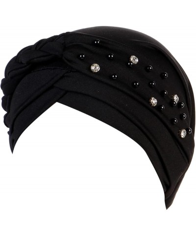 Women Stud Bead Turban Cap Braid Pre Tied Headwrap Hat Rhinestones Pearl Head Wrap Hats Tie Hair Wraps Caps Black $6.83 Sun Hats