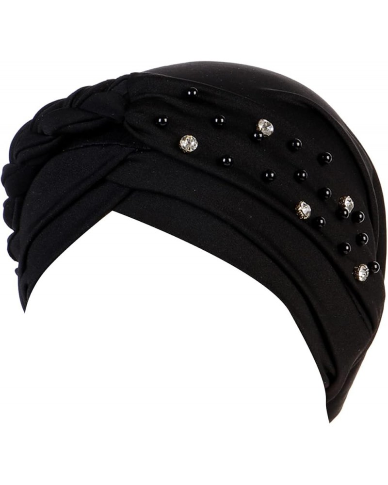 Women Stud Bead Turban Cap Braid Pre Tied Headwrap Hat Rhinestones Pearl Head Wrap Hats Tie Hair Wraps Caps Black $6.83 Sun Hats