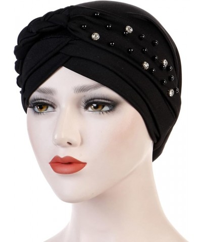 Women Stud Bead Turban Cap Braid Pre Tied Headwrap Hat Rhinestones Pearl Head Wrap Hats Tie Hair Wraps Caps Black $6.83 Sun Hats