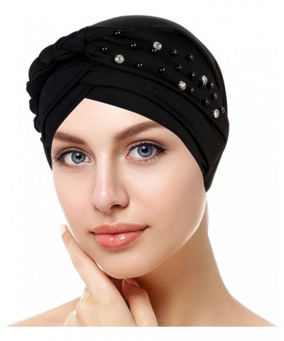 Women Stud Bead Turban Cap Braid Pre Tied Headwrap Hat Rhinestones Pearl Head Wrap Hats Tie Hair Wraps Caps Black $6.83 Sun Hats