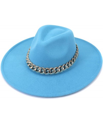 Vintage Fedora Hat Big Wide Brim Metal Chain Panama Trilby Hat Woolen Felt Hat Cap for Men Women Costume Accessories Lake Blu...