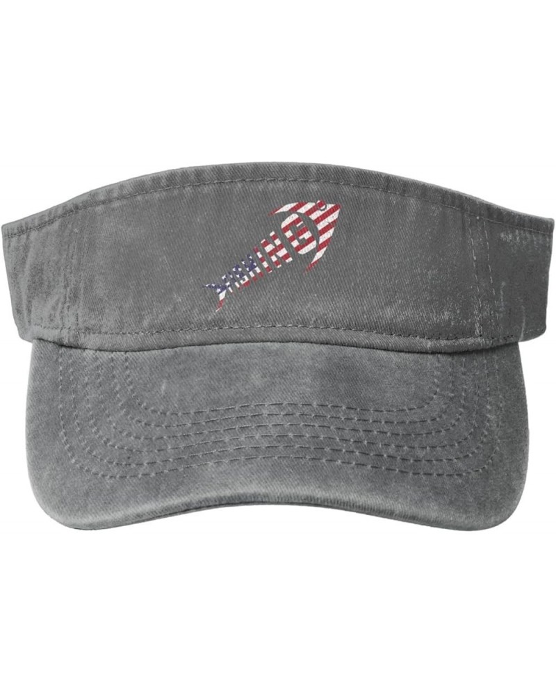 American Flag with Fishing Sun Visor Hats for Women Men Sun Hat Vintage Golf Hat Adjustable Baseball Cap Gray $11.39 Visors