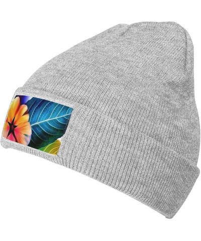 Beanie Hats for Women Men Knit Hat Flower Leaves Color Print Beanies Cap Fashion Cuffed Sports Hat Gray $11.99 Skullies & Bea...