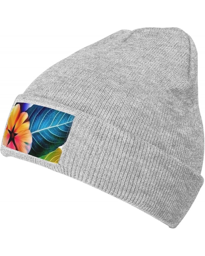 Beanie Hats for Women Men Knit Hat Flower Leaves Color Print Beanies Cap Fashion Cuffed Sports Hat Gray $11.99 Skullies & Bea...