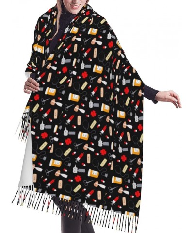 Cartoon Medicine Pattern Print Faux Cashmere Tassel Shawl, Women'S Autumn And Winter Travel Shawl, Gift Good Products Cartoon...