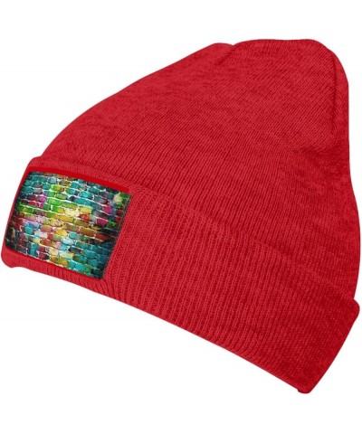 Colorful Brick Wall Print Knitted Hat Daily Soft, Warm Hat,Adult Beanie Hat, Elastic Brimless Cap Doudou Hat Red $12.79 Skull...