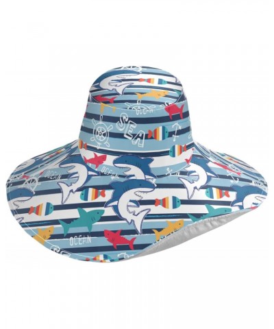 Marine Fish and Shark Women Sun Hat Wide Brim Summer Stripe Beach Hat Reversible Foldable Chin Strap UV Protection Hat Gift f...