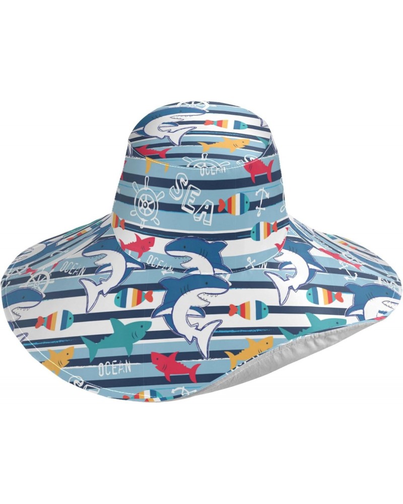 Marine Fish and Shark Women Sun Hat Wide Brim Summer Stripe Beach Hat Reversible Foldable Chin Strap UV Protection Hat Gift f...