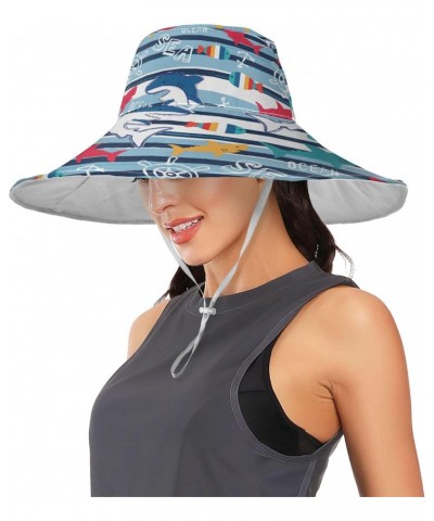 Marine Fish and Shark Women Sun Hat Wide Brim Summer Stripe Beach Hat Reversible Foldable Chin Strap UV Protection Hat Gift f...