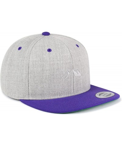 Mountain Embroidered Yupoong Flat Bill 6 Panel Snapback Hat Snowy Light Heather/Purple $11.99 Baseball Caps