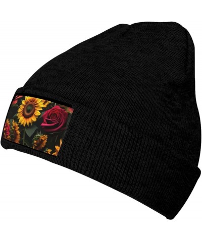 Sunflower Rose Print Knitted Hat Knit Cap Daily Knit Hat Men's Unisex Winter Beanie Hat Women Cap Warm Soft Caps Black $11.74...