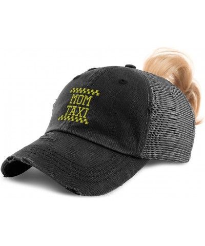 Womens Ponytail Cap Mom Taxi B Embroidery Cotton Distressed Trucker Hats Black $14.40 Baseball Caps