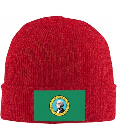 Flag of Washington Winter Warm Knit Hat - Soft, Classic,Stretchy Beanie Cap Black Red $13.81 Skullies & Beanies