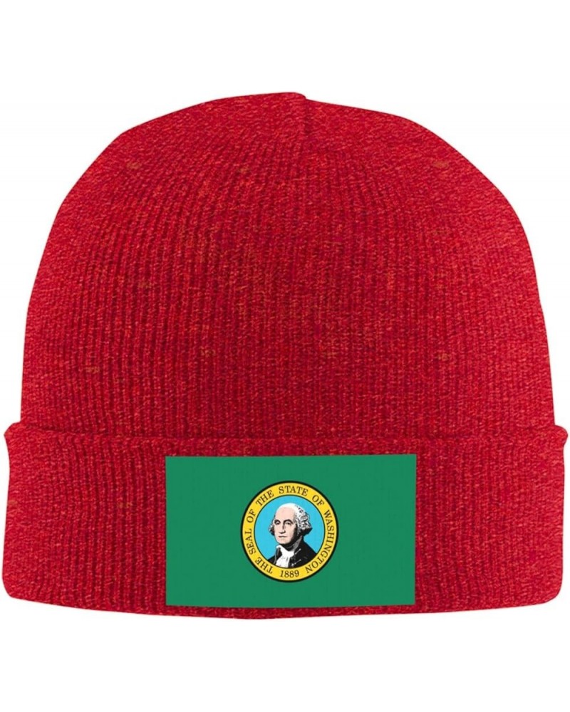 Flag of Washington Winter Warm Knit Hat - Soft, Classic,Stretchy Beanie Cap Black Red $13.81 Skullies & Beanies