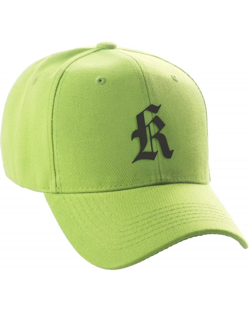 Structured Baseball Hat Cap Curved Visor Black Old English Font Alphabet A to Z Lime Letter K $11.49 Baseball Caps