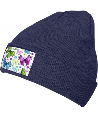 Spring Colorful Butterfly Print Casual Beanie Women Men Knit Hat Warm Winter Beanies Cap Fashion Cuffed Beanie Navy Blue $10....